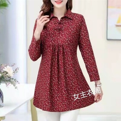 速发新款搭尚妈妈年碎花长袖上衣宽松百时中装领遮肉小衫