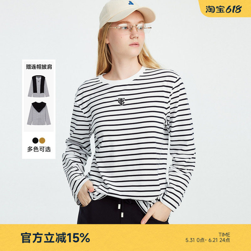 TeenieWeenie小熊女装T恤2025秋新款时髦帽子领披肩条纹长袖上衣