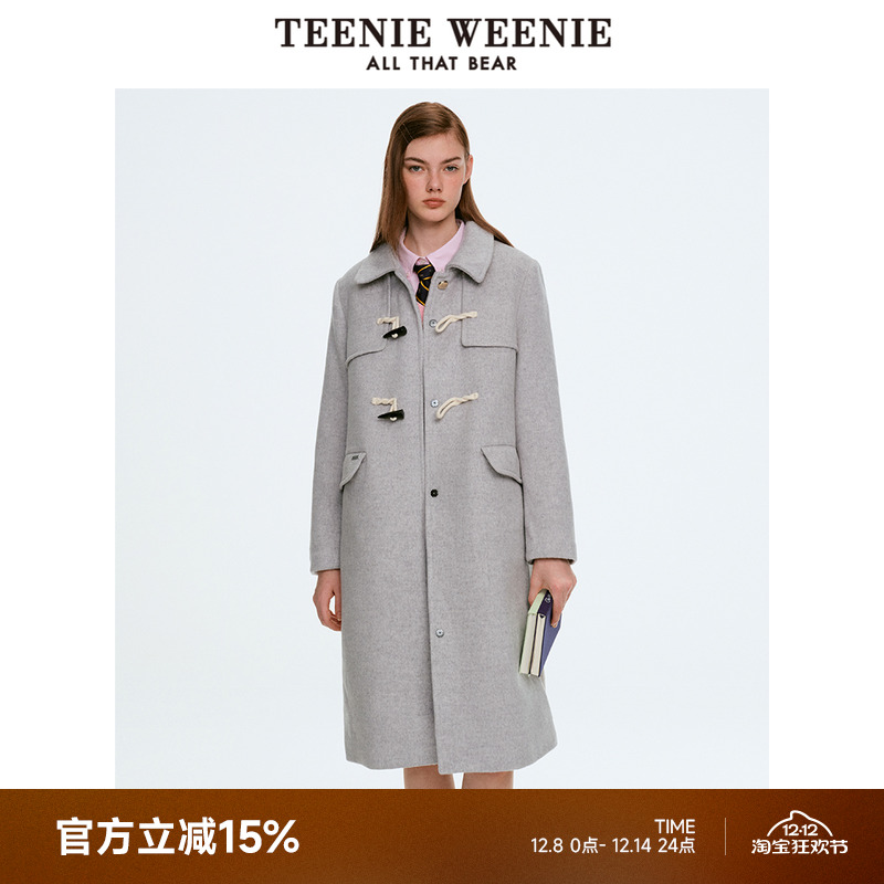 TeenieWeenie小熊女装简约毛呢大衣秋秋学院风牛角扣长款通勤外套