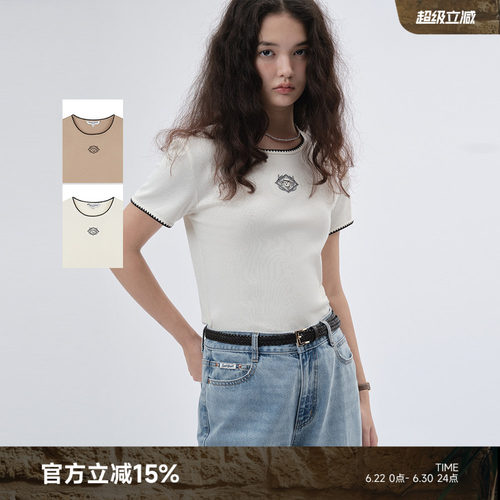 TeenieWeenie小熊女装T恤2025年夏季新款通勤正肩修身chic刺绣T恤