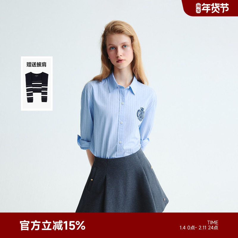 TeenieWeenie小熊女装衬衫2025秋季新款简约大方披肩拼接条纹衬衣,女装/女士精品,衬衫,淘宝优惠券,粉丝福利购,淘宝优惠卷