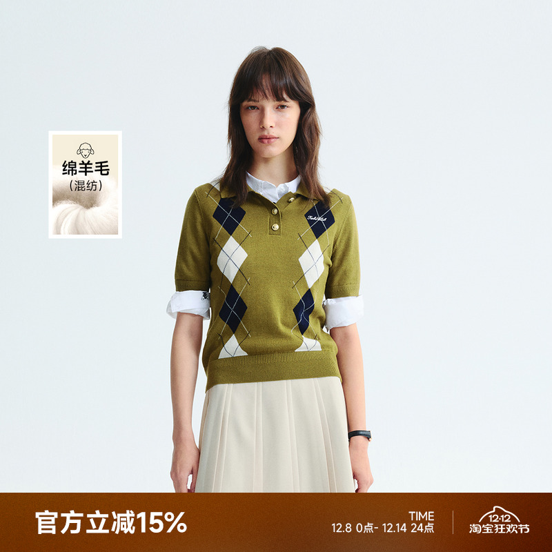 【含绵羊毛】TeenieWeenie小熊女装2025年秋款学院菱形格翻领短袖