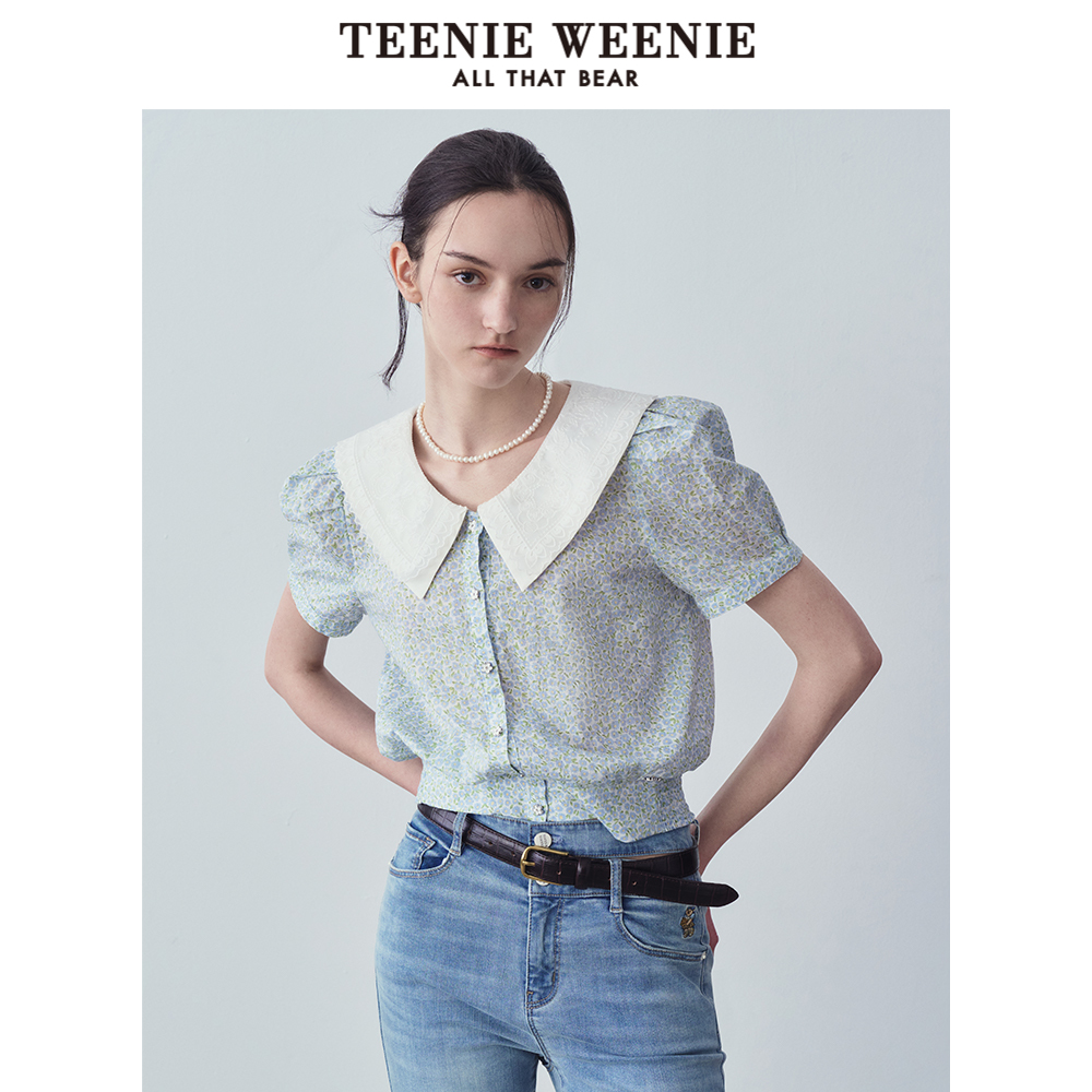 TeenieWeenie小熊夏装蕾丝双层领短袖衬衫清新碎花上衣女