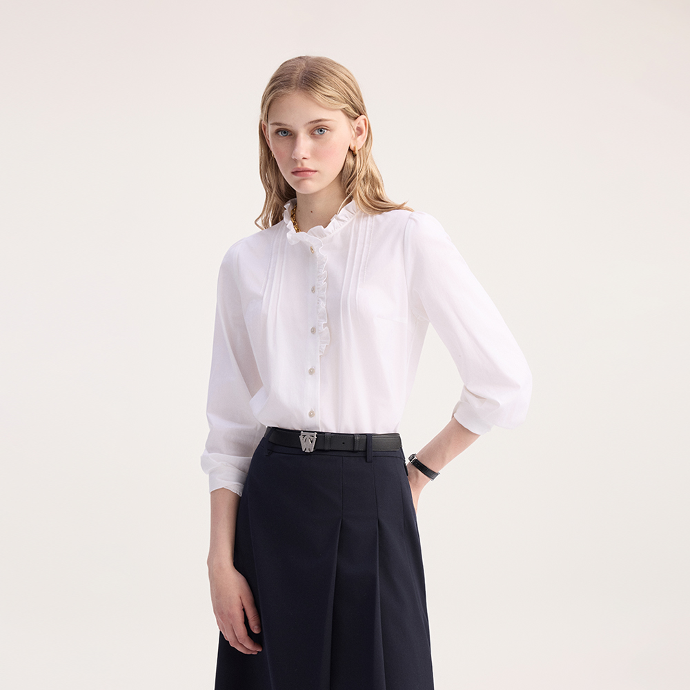 TeenieWeenie小熊女装衬衫2025秋季新简约优雅少女感木耳边领衬衣