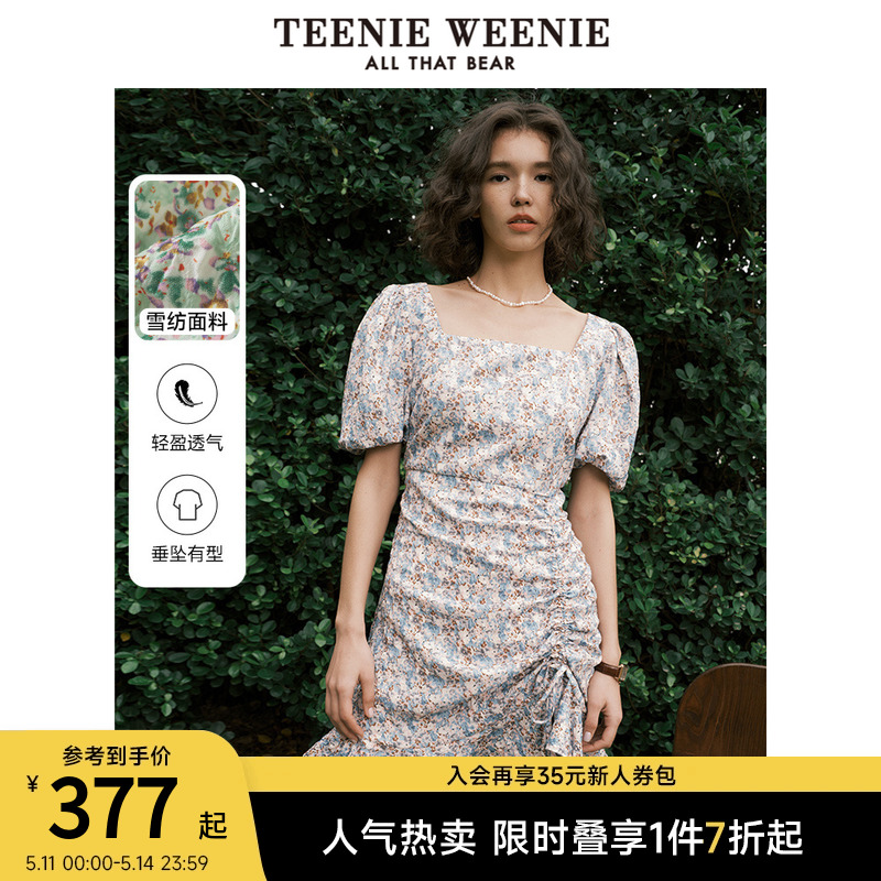 TeenieWeenie小熊方领雪纺印花连衣裙碎花泡泡袖欧式公主气质女士