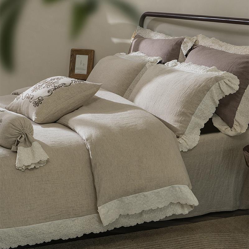 法式复古亚麻棉四件套简约纯色水洗棉麻床上用品进口麻棉床单被套