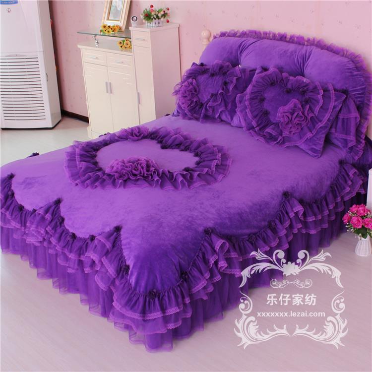 冬床裙式新款绗缝花边四件套少女心双面绒床单床罩被套紫色家纺