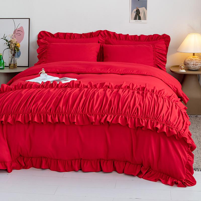 韩式花边公主风婚庆四件套结婚红色少女床单被套床裙新婚婚礼喜被
