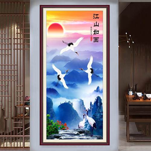 江山如此多娇自粘油画布山水国画墙贴纸风景壁画竖版玄关装饰年画