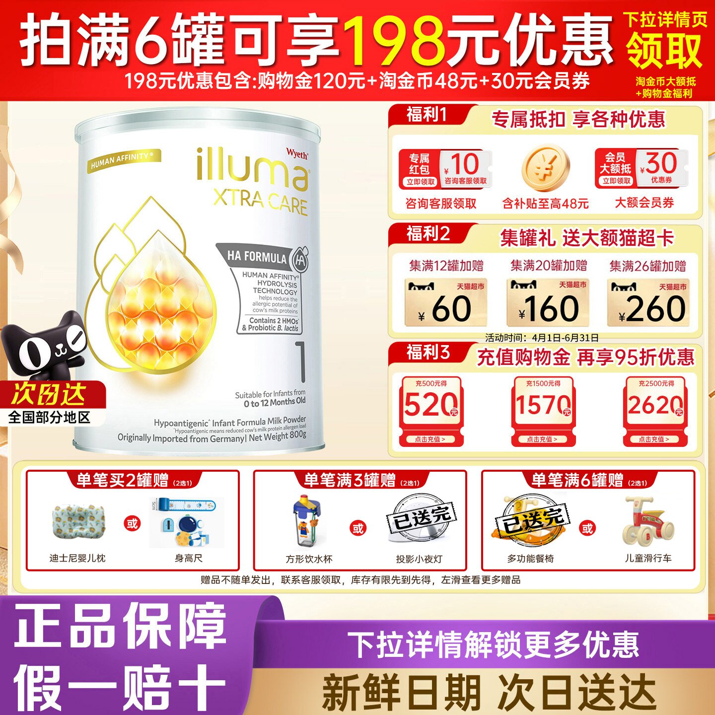 惠氏启赋港版HA敏适1段适度水解奶粉低敏防敏新生婴儿奶粉800g