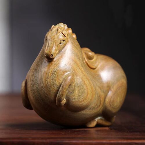 极速天然绿檀木实木雕刻生肖马上有钱摆件文玩手把件W家居装饰品