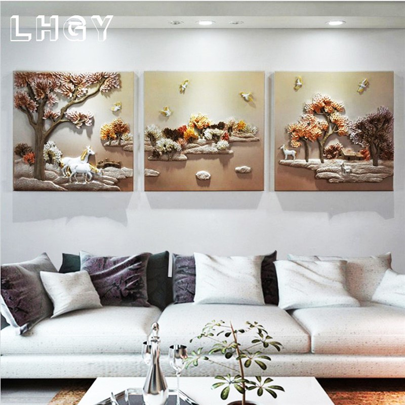 速发浮雕画装饰画无框简约新中式三联挂画客厅沙发背景立体卧室风图片