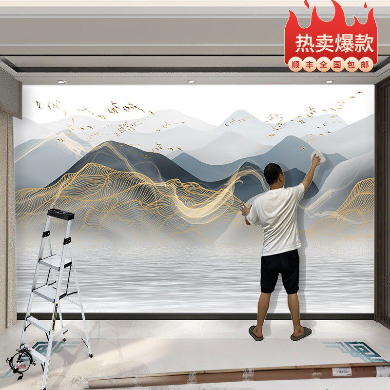 热销新中式水墨线条电视背景墙壁纸现代轻奢抽象客U厅沙发壁画卧