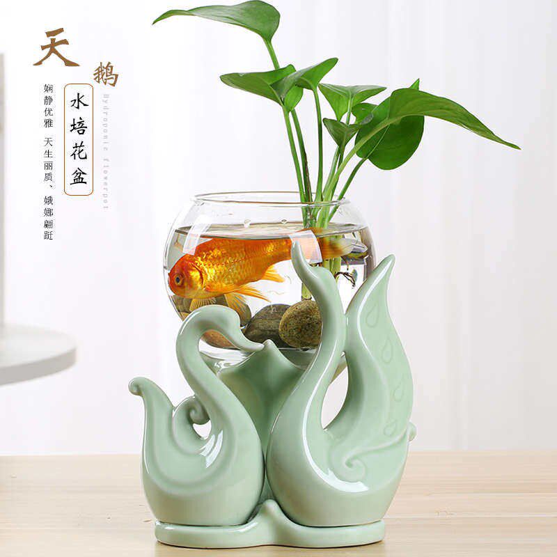 热销创意绿萝水培植物玻璃u透明养花花瓶插花容器陶瓷花盆桌面装
