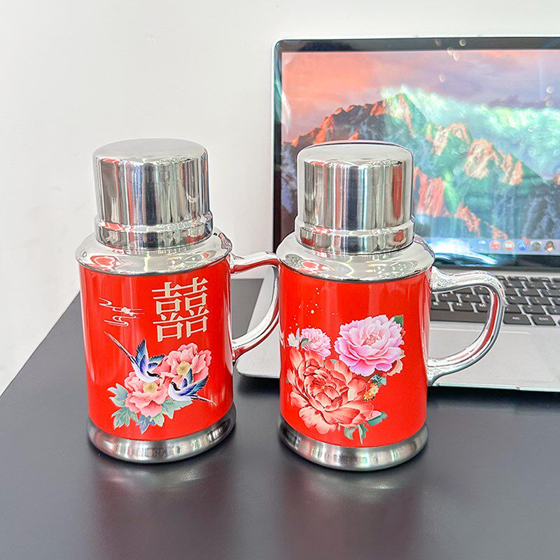 热销复古双囍保温杯情侣一对老式茶缸怀旧创意手柄T泡茶杯结婚礼