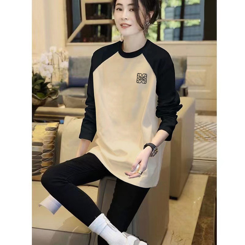 速发撞色插肩长袖5恤202t春秋款纯棉内搭中长款打底衫秋装上衣