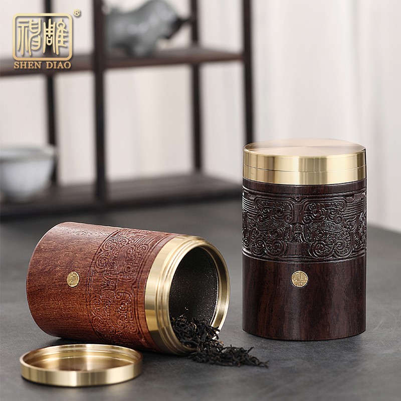 速发实雕神木茶叶罐中式密封罐黑檀精雕钛旅胆储茶罐便携内行茶罐