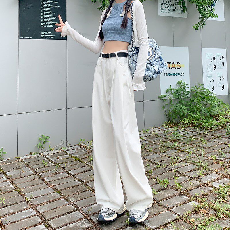 速发白色阔腿牛仔裤春地2松24新款宽0百搭垂感休闲直筒拖秋裤子