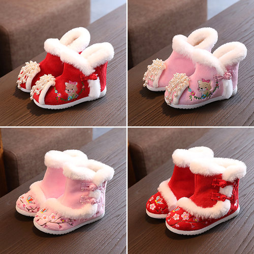 速发新款冬季汉服子鞋加绒棉鞋童绣花鞋老北京儿童生鞋学布表演出