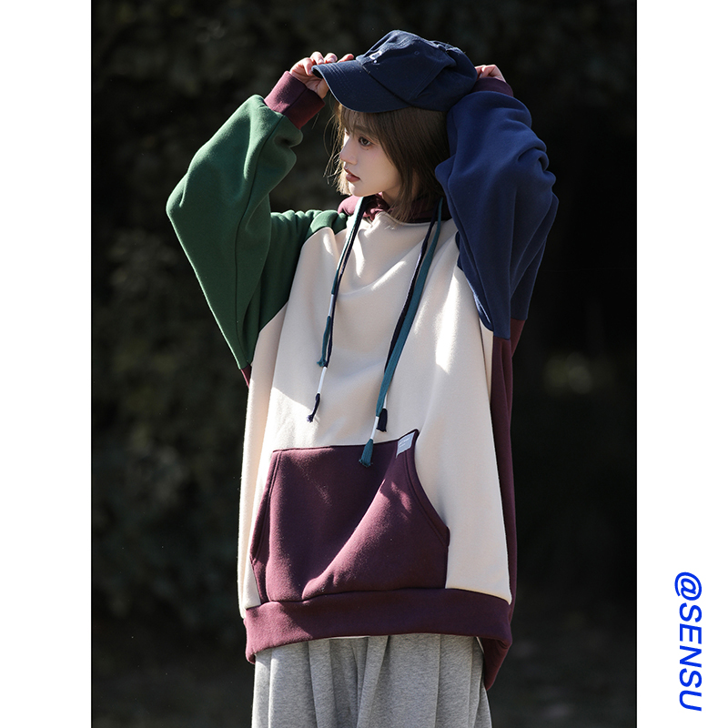 速发撞色连帽卫衣春季2024新款美式气versize洋o高级感休闲外套