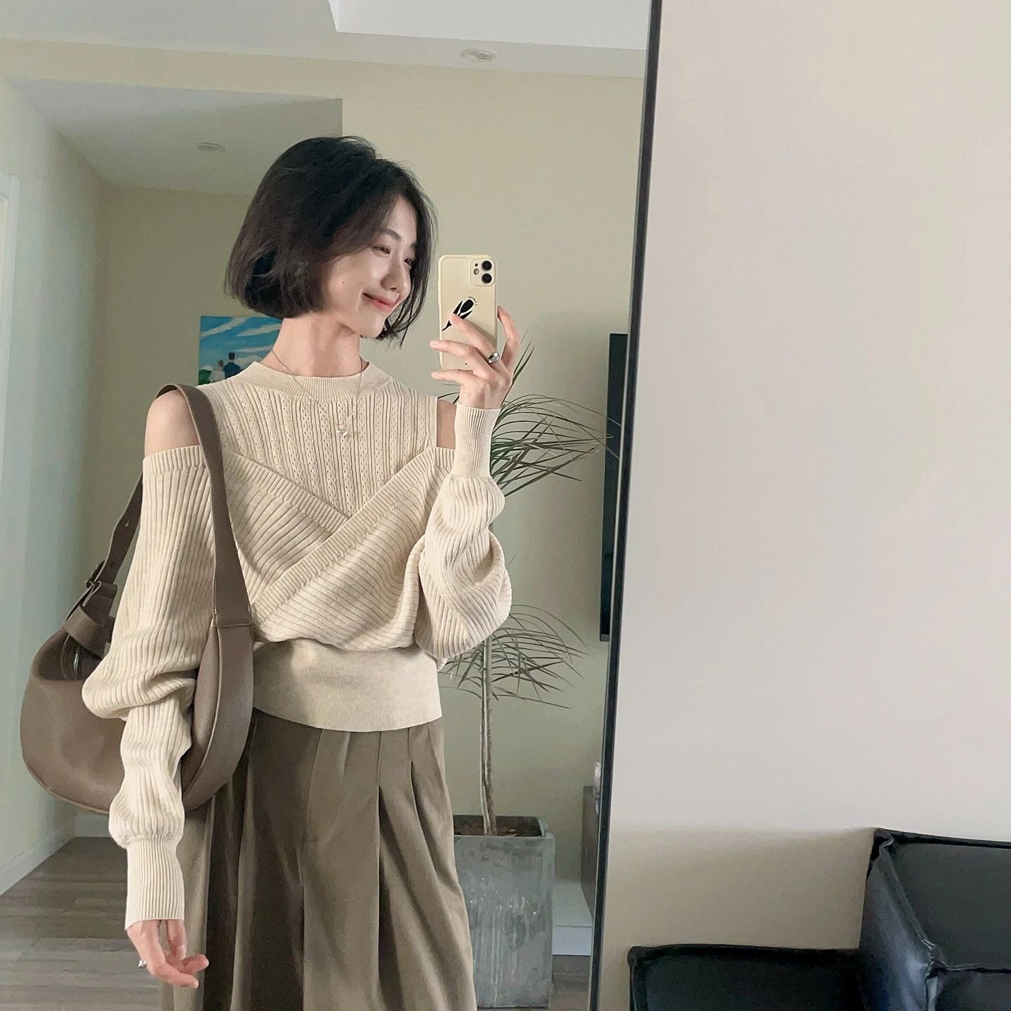 露肩设计半高领假两件镂空针织衫上衣女初秋季高级感短款显瘦毛衣,女装/女士精品,毛衣,淘宝优惠券,粉丝福利购,淘宝优惠卷