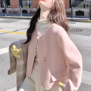 韩系粉色小香风双面呢羊毛外套女2025秋冬季新款时尚气质显瘦上衣