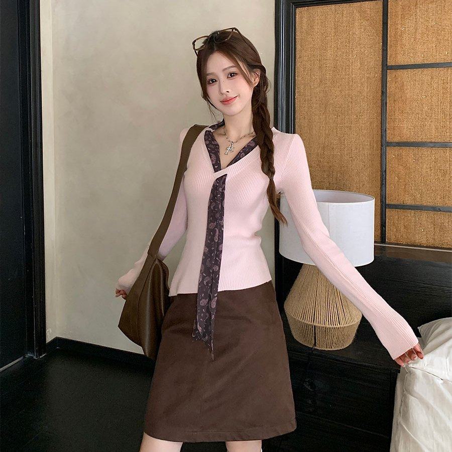 实拍大码女装韩系气质慵懒高级设计感显瘦粉色上衣咖色半身裙套装,女装/女士精品,大码套装,淘宝优惠券,粉丝福利购,淘宝优惠卷