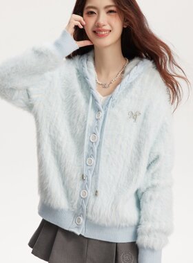 umoumo乌蘑原ntot清新少女浅蓝双色仿貂针织连帽开衫宽松外套女