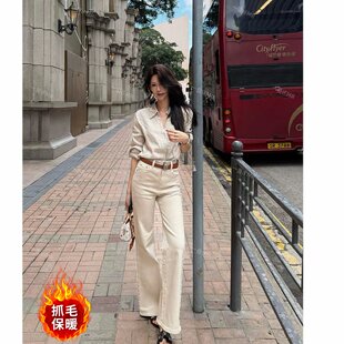 IFMR燕麦拿铁早秋新款直筒微喇牛仔磨毛女显瘦微弹浅卡其裤子