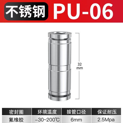 不锈钢PM隔板直通接头气管6/8/10/12mm气动快插高压软管卡套双头