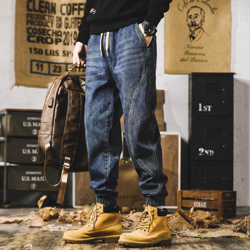 美式休闲牛仔裤男复古哈伦束脚工装弹力春秋直筒宽松大码秋季长裤