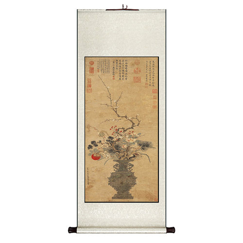热销岁朝图明清古画中式卷轴挂画竖版玄关走廊R过道装饰画饭厅书