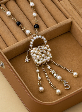 小香风施家珍珠包包项链金色数字5五角星感法式轻奢毛衣链