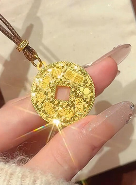 沙金碎冰冰吉言暴富钱币吊坠项链女秋冬毛衣链长款轻奢感饰品