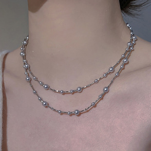 满天星灰色珍珠项链配饰女轻奢小众锁骨链感叠戴串珠颈链饰品