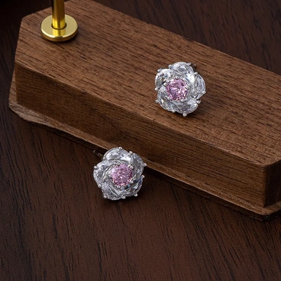 时来运转粉色锆石耳环玫瑰立体花朵吊坠戒指耳钉项链轻奢小众套装