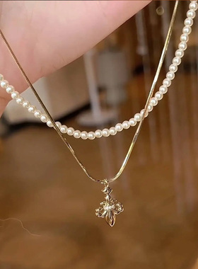 鸢尾花吊坠叠戴珍珠项链配饰女秋冬毛衣链轻奢感小众颈链饰品