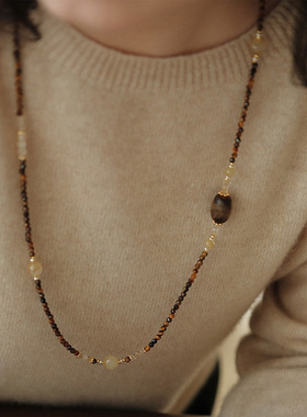 天然石虎眼水晶串珠项链木珠女小众个性毛衣链长款轻奢感饰品