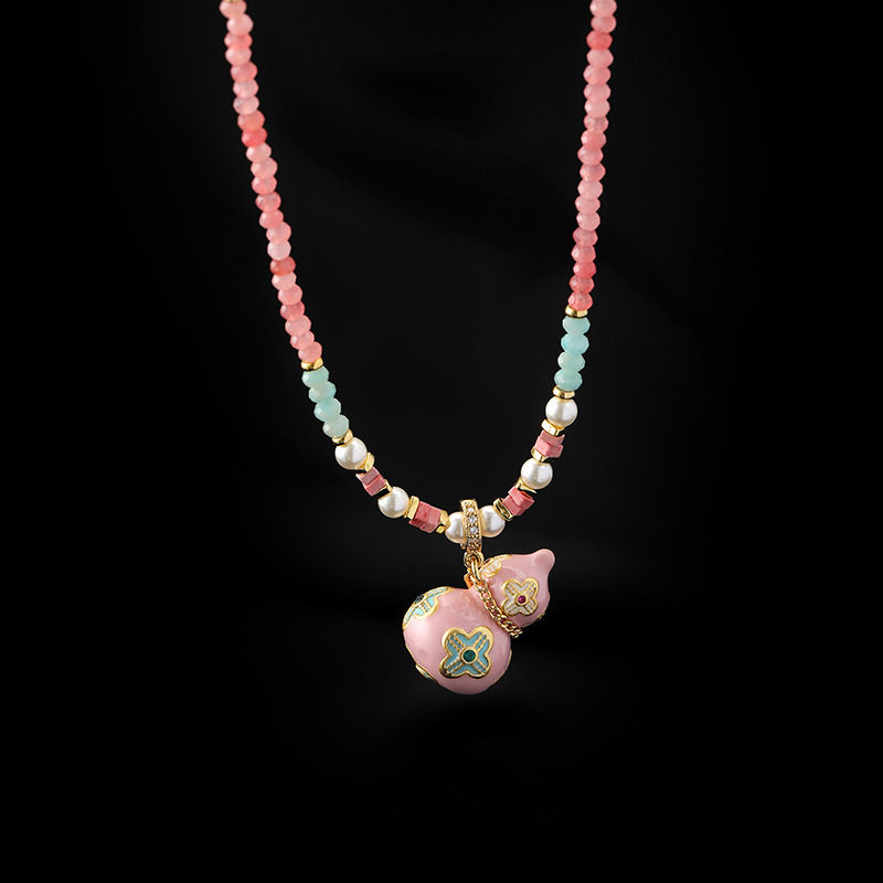 彩色珐琅葫芦吊坠串珠项链配饰女长款毛衣链感珍珠多巴胺饰品