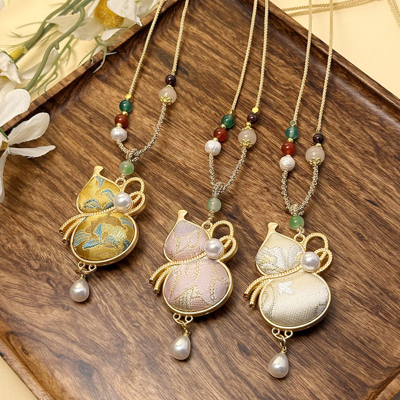 成品非遗宋锦葫芦吊坠毛衣链新中式珍珠玛瑙编绳链项链古风挂件