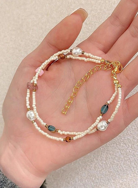 天然淡水珍珠小米珠彩色石串珠手链女双层叠戴设计感小众精致手饰