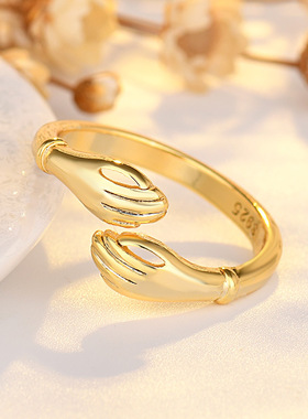 创意拥抱戒指女小众设计感开口可调节双手相拥指环金银色对戒饰品