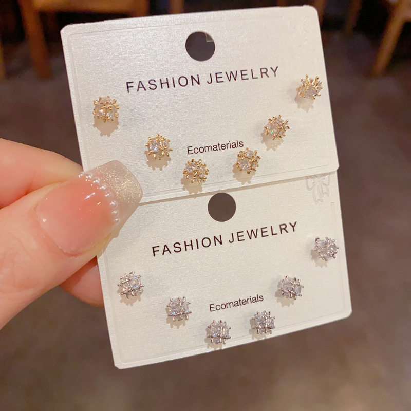 日韩时尚简约镶钻球球三件套耳钉女精致小众轻奢小巧百搭耳环配饰