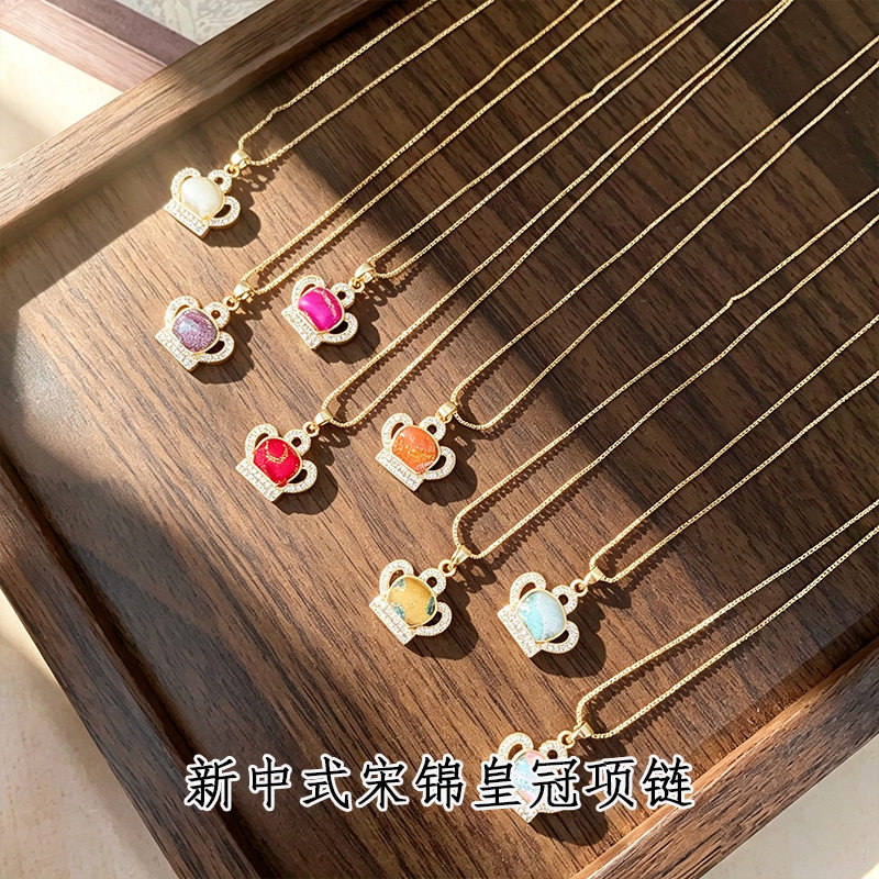 宋锦皇冠项链铜镀18k金贴布成品盒子链锁骨链新中式非遗古风吊坠