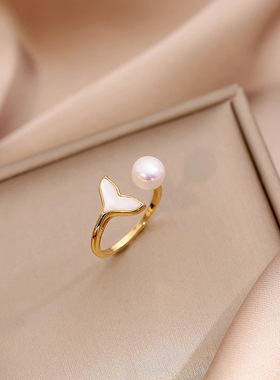 贝壳鱼尾天然淡水珍珠戒指女小众轻奢感时尚食指开口指环