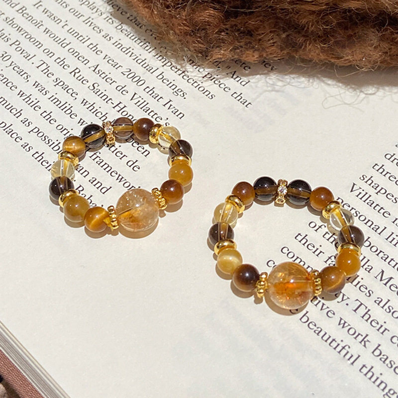 天然水晶戒指金霸虎眼石黄塔晶招财转运食指串珠女小众感指环