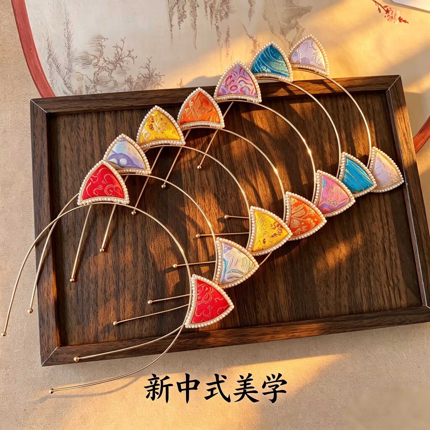 新款宋锦双面猫耳朵小狐狸珍珠发箍小众高级感卡通发饰细边头箍