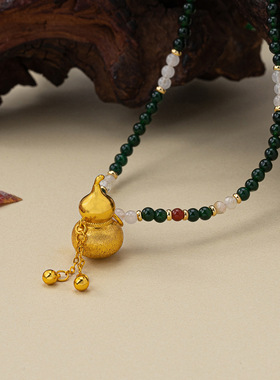 新中式天然石绿玛瑙葫芦吊坠项链复古时尚轻奢优雅个性设计毛衣链
