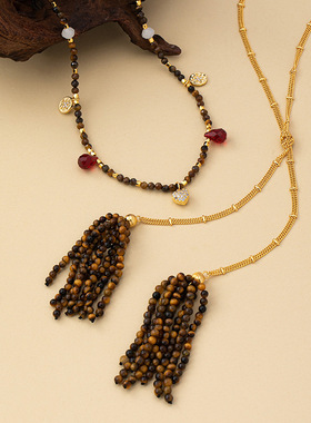 新中式国风虎眼石天然石串珠流苏项链复古设计感手工毛衣链