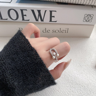 天然珍珠微镶锆石马蹄扣可调节开口指环时尚戒指女小众轻奢食指戒